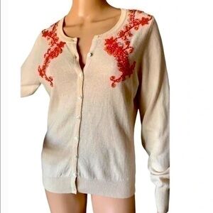 Lucky Brand ivory Sweater with Red Floral Beaded design wool M